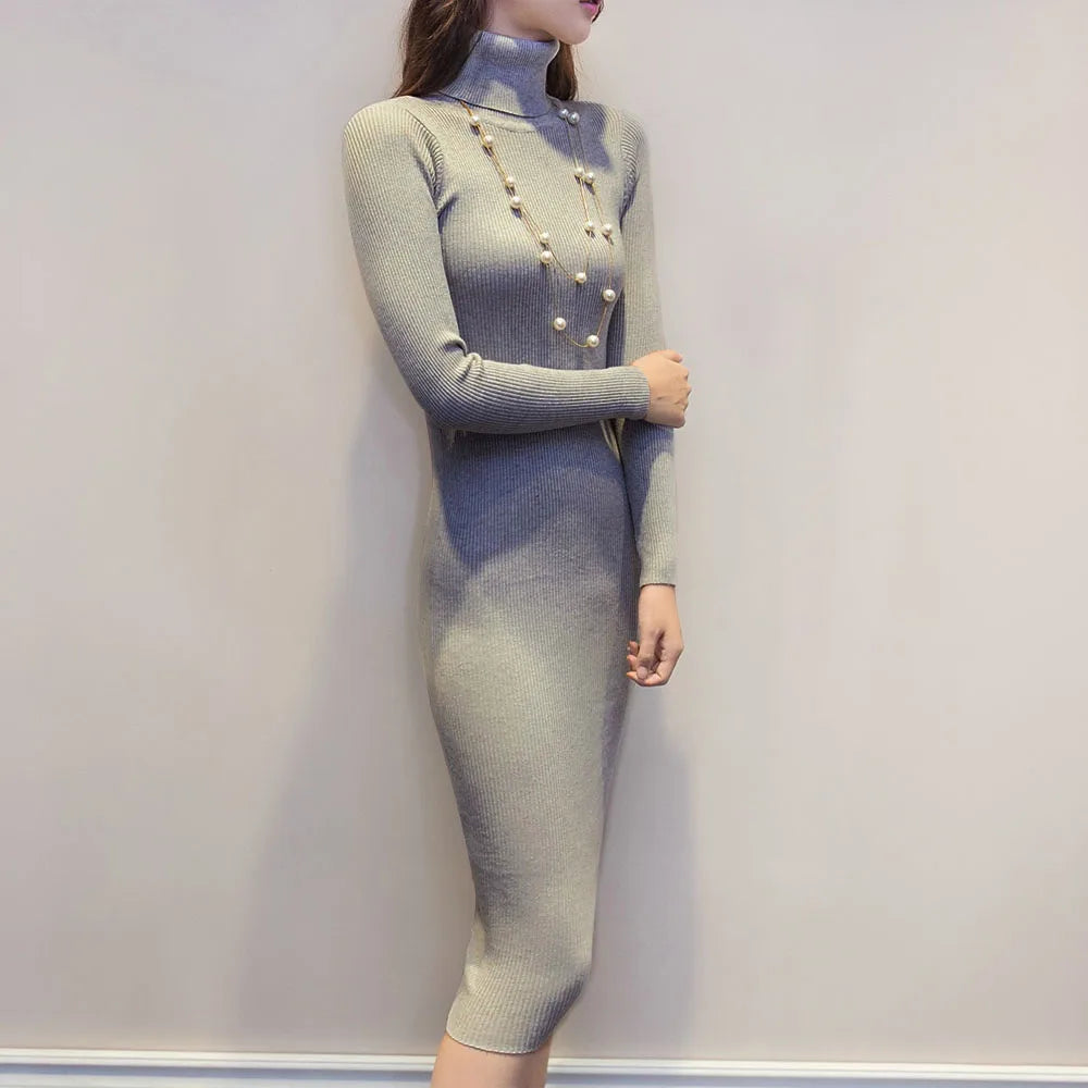 Chic Comfort: Autumn/Winter Knitted Sweater Dress with Slim Turtleneck and Sexy Bodycon Fit