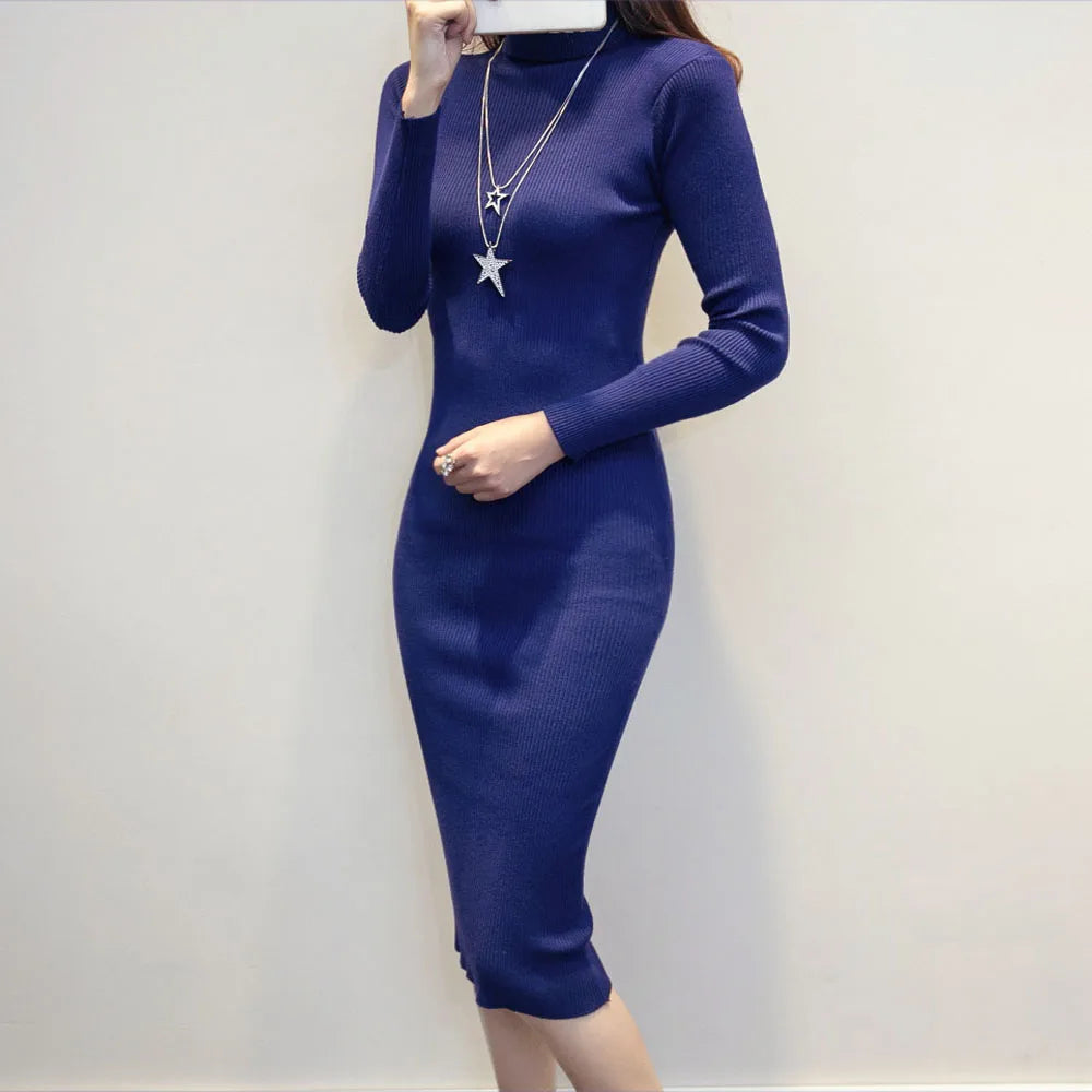 Chic Comfort: Autumn/Winter Knitted Sweater Dress with Slim Turtleneck and Sexy Bodycon Fit