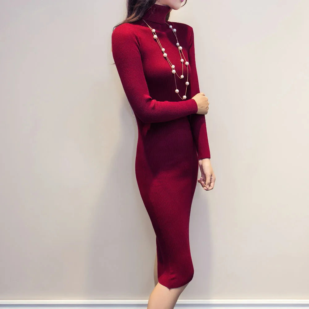 Chic Comfort: Autumn/Winter Knitted Sweater Dress with Slim Turtleneck and Sexy Bodycon Fit