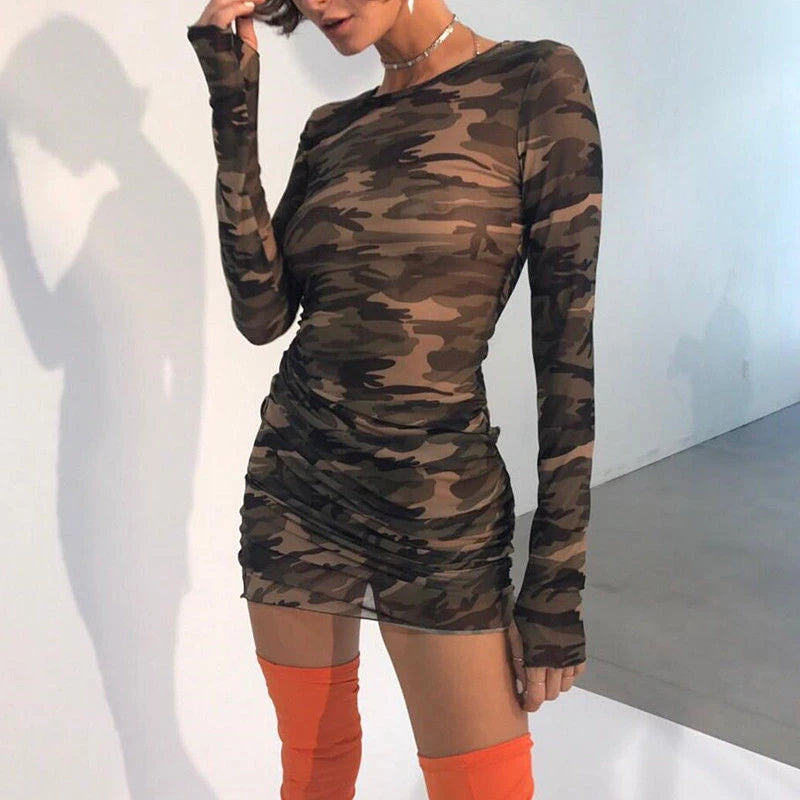 Glam in Camo Sheer Elegance in Long Sleeve Mini Dress Unveil Your E G Gangsta